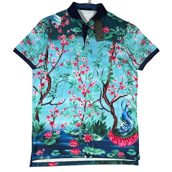 GREYSON Men's XL Blue Multi Magic Garden Polo Pullover Shirt Tropical Floral NEW